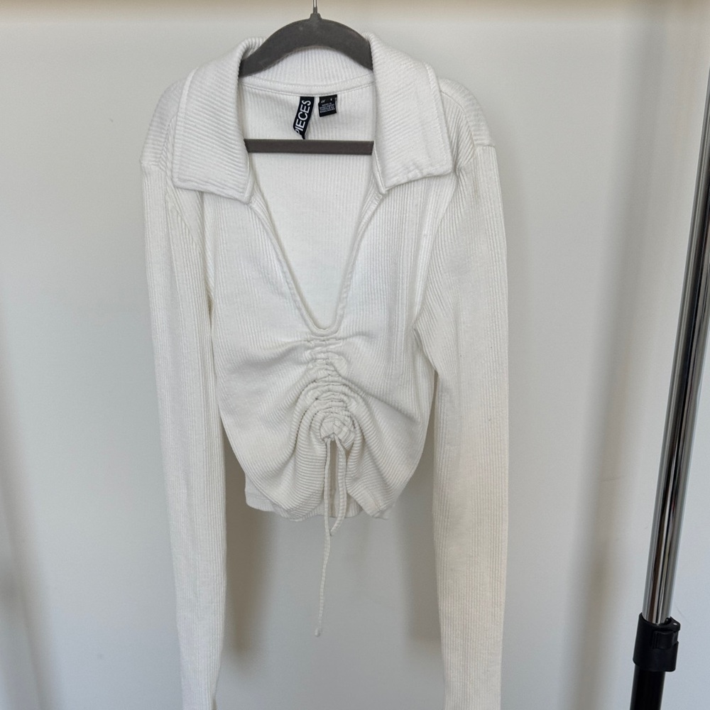 White Ribbed Long Sleeve Top Size S